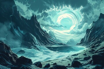 Abstract Landscape with a Glowing Circular Formation in the Sky