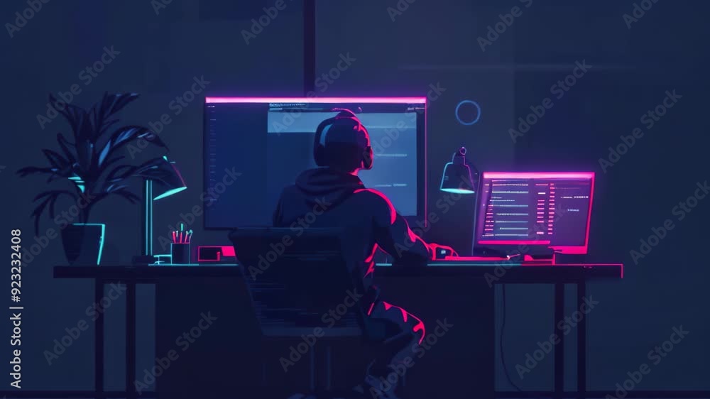Poster a person sitting at a desk in front of a computer, focusing on web development and programming langu