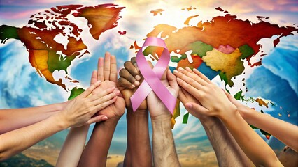 Diverse hands holding a pink ribbon against a world map background.