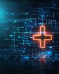 Obraz premium Futuristic digital background with glowing plus symbol and data lines, representing technology, medical, and innovation concepts.