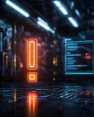 Obraz premium Vibrant digital interface featuring an illuminated exclamation mark in a futuristic environment with circuit patterns.