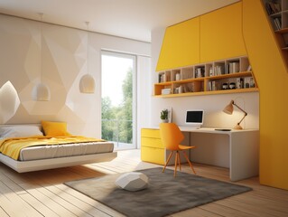 Obraz premium Modern bedroom with a yellow wall, white bed, grey carpet and a desk with a computer.