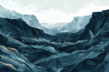 Abstract Mountain Landscape in Blue and Gold Hues