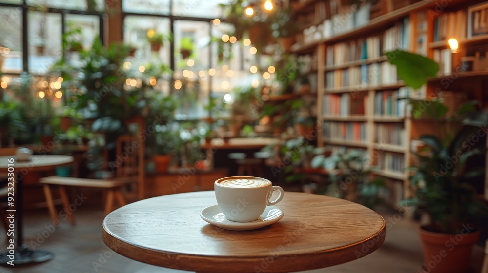 Poster a peaceful moment in a warmly lit cafe where a cup of coffee rests on a rustic table muted earth ton