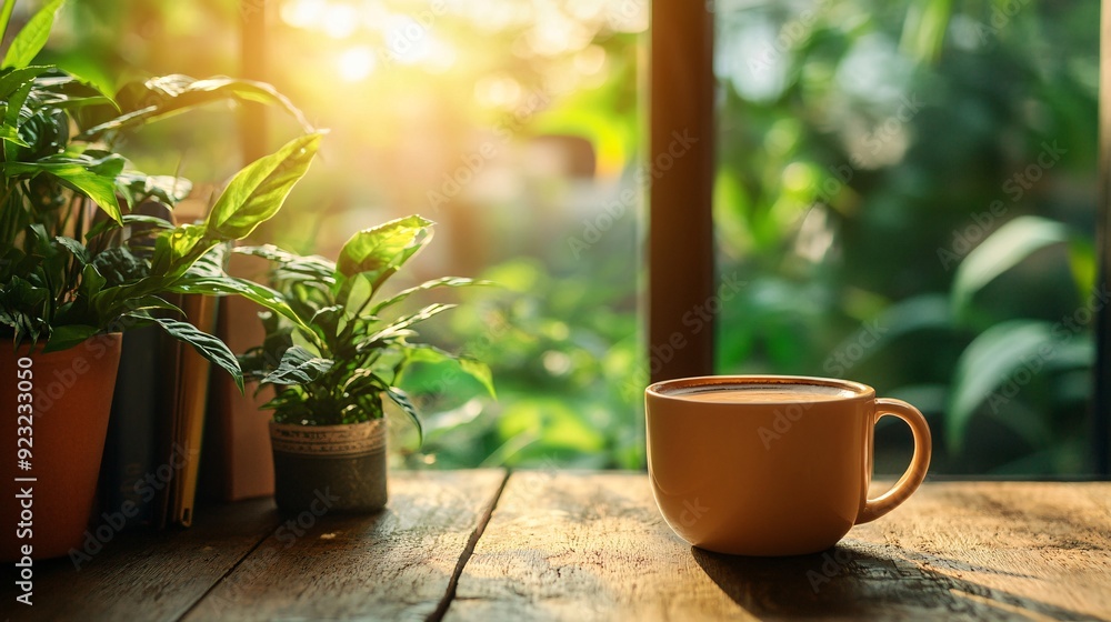 Poster A calming cafe environment with a cup of coffee placed on a rustic wooden table Warm lighting and a softly blurred background with hints of books and greenery evoke a sense of relaxation and comfort