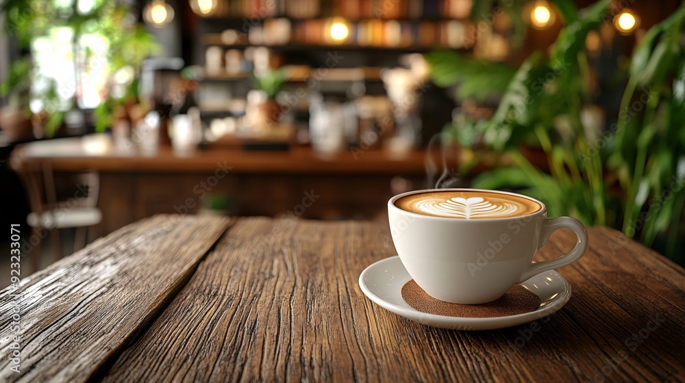 Poster A calming cafe environment with a cup of coffee placed on a rustic wooden table Warm lighting and a softly blurred background with hints of books and greenery evoke a sense of relaxation and comfort