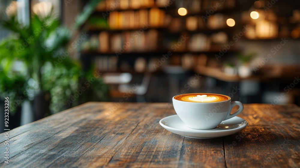 Poster a rustic cafe interior with soft lighting that highlights a cup of coffee on a weathered wooden tabl