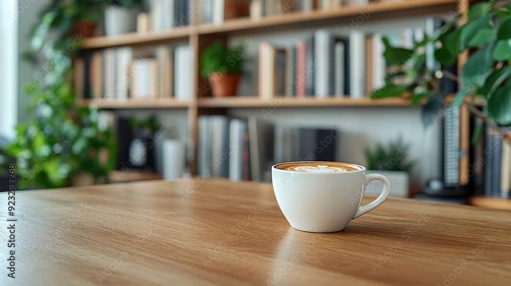 Poster a soothing cafe scene featuring a cup of coffee on a rustic table bathed in warm light the backgroun