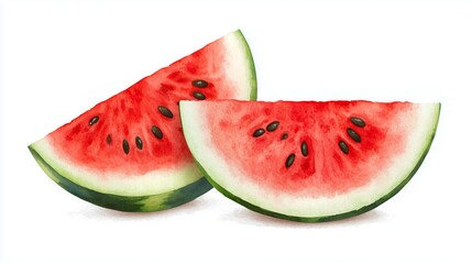 Two fresh watermelon slices with vibrant red flesh and black seeds, placed on a white background, showcasing their juicy texture.