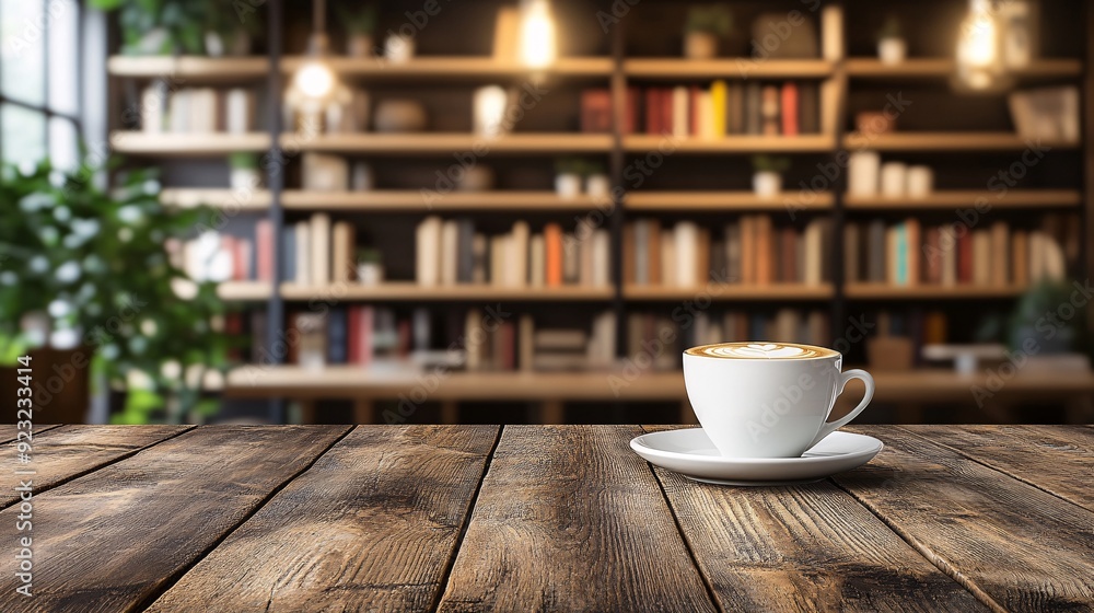 Poster A cup of coffee on a rustic wooden table in a warmly lit cafe The blurred background with muted earthy tones and hints of books and greenery enhances the inviting and relaxing ambiance Stock Photo
