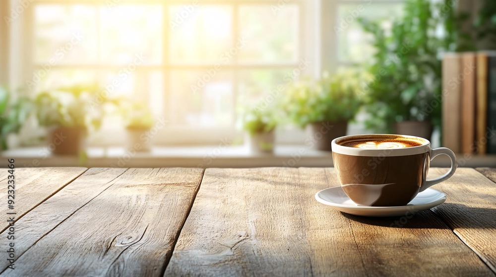 Aufkleber a cup of coffee on a rustic wooden table in a warmly lit cafe the blurred background with muted eart