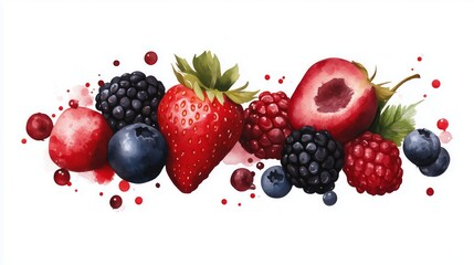 Vibrant watercolor illustration featuring a variety of fresh berries such as strawberry, blueberry, blackberry, and raspberry. Mixed berries