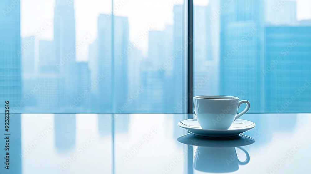 Poster a contemporary cafe scene in the heart of the city large windows frame a panoramic view of skyscrape