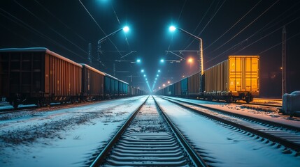 Snow-covered train tracks at night, empty freight trains in winter, illuminated rail yard with containers, cold night at a train station, quiet snowy railway scene