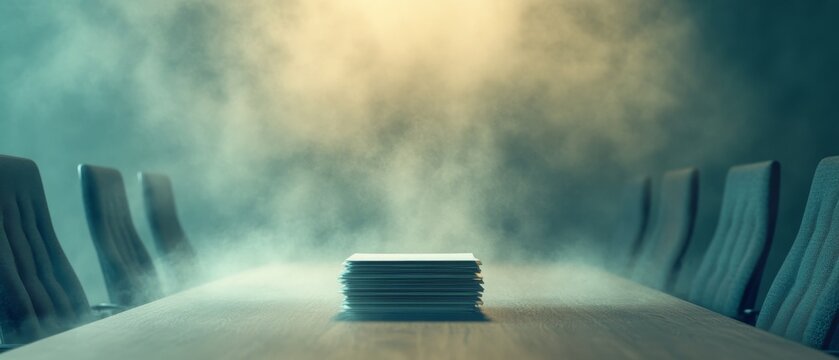 Neglected Boardroom: Dusty Investment Reports Symbolizing Economic Downturn.