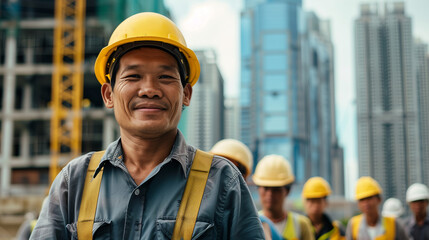 Close up of a smiling Southeast Asian senior labor wearing a yellow safety helmet stands in front of others labor on a construction site background.