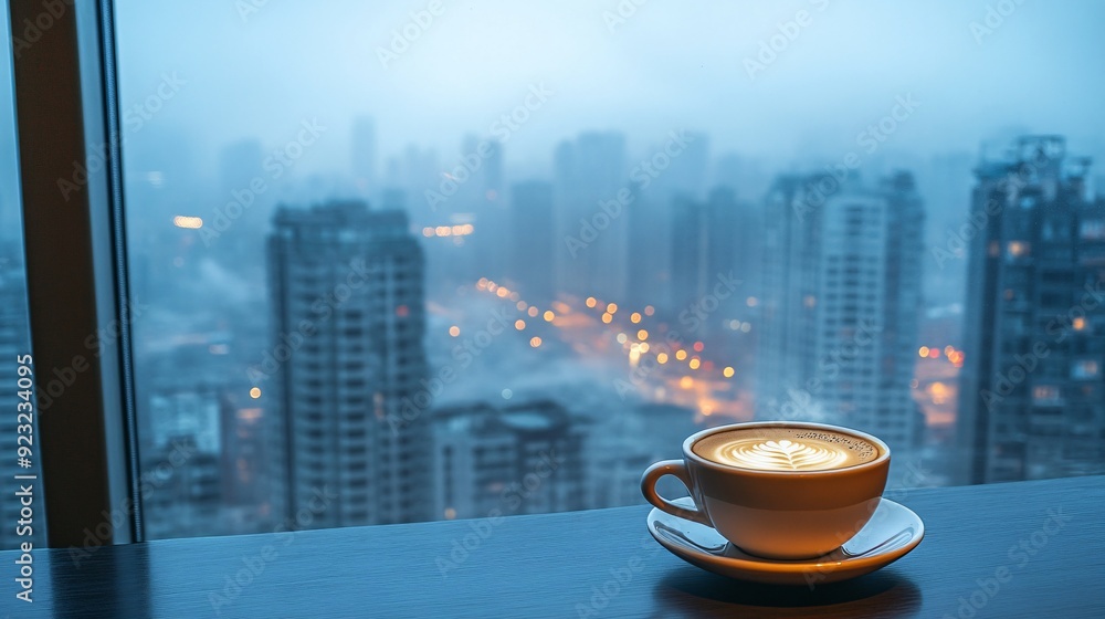 Poster a stylish cafe in the city with expansive windows offering a clear view of the urban landscape a cof