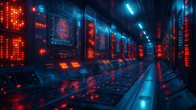 A telecommunications hub or control room where AI chipsets are used in networking equipment, with a focus on the technology and its application