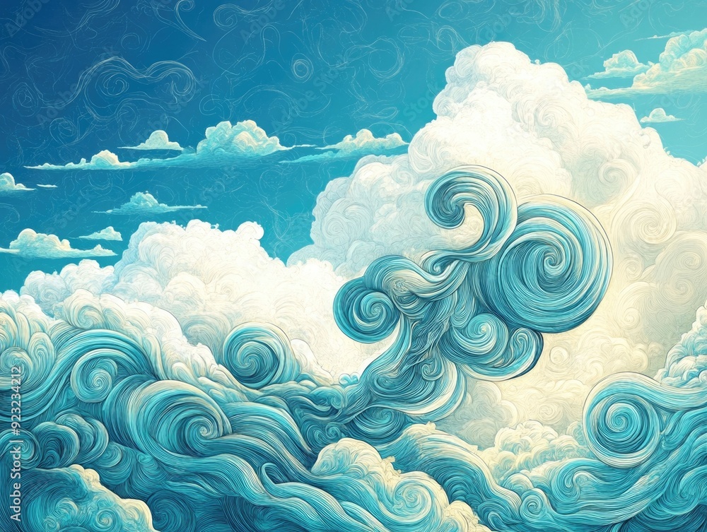 Poster whimsical and soft hand drawn clouds with swirly lines and ethereal textures for abstract nature bac