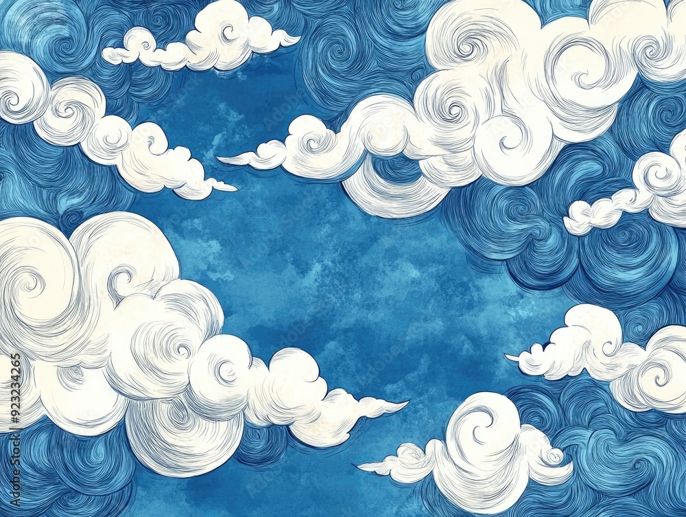 Poster whimsical and ethereal hand drawn of clouds with swirling lines soft textures and a dreamy calming a