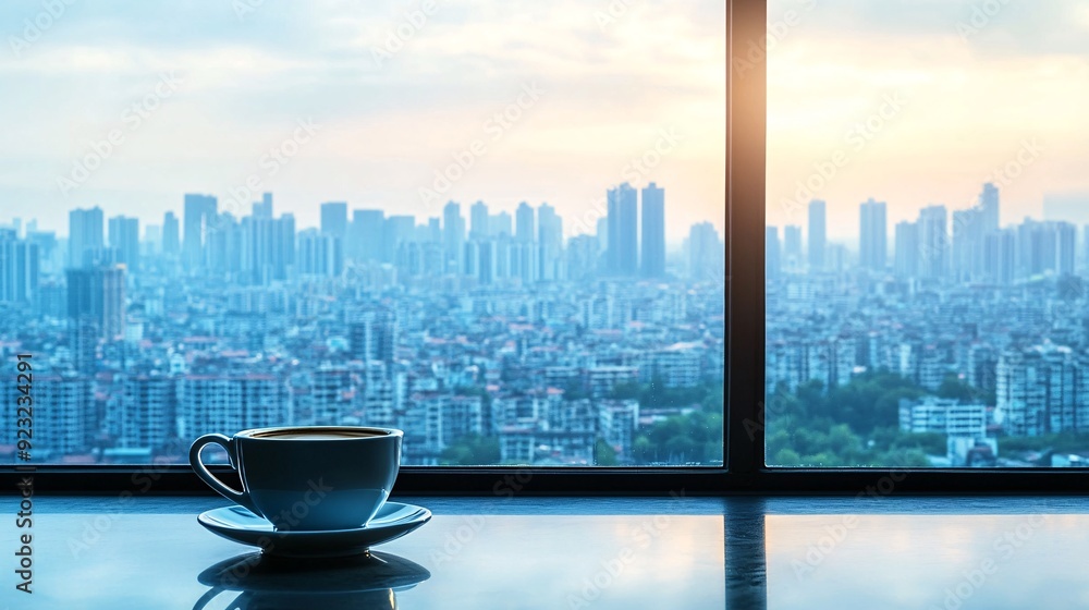 Poster an urban cafe setting where a coffee cup sits on a sleek table the large windows showcase a sprawlin