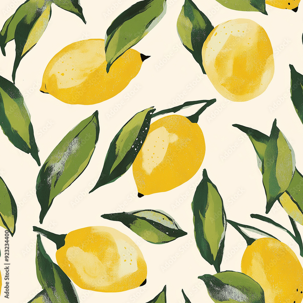 Wall mural Bright lemon pattern with green leaves on a light background, ideal for fresh, summery designs, or kitchen decor.