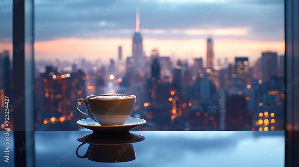 Poster a contemporary urban cafe with a view of the city through large windows a coffee cup sits on a moder