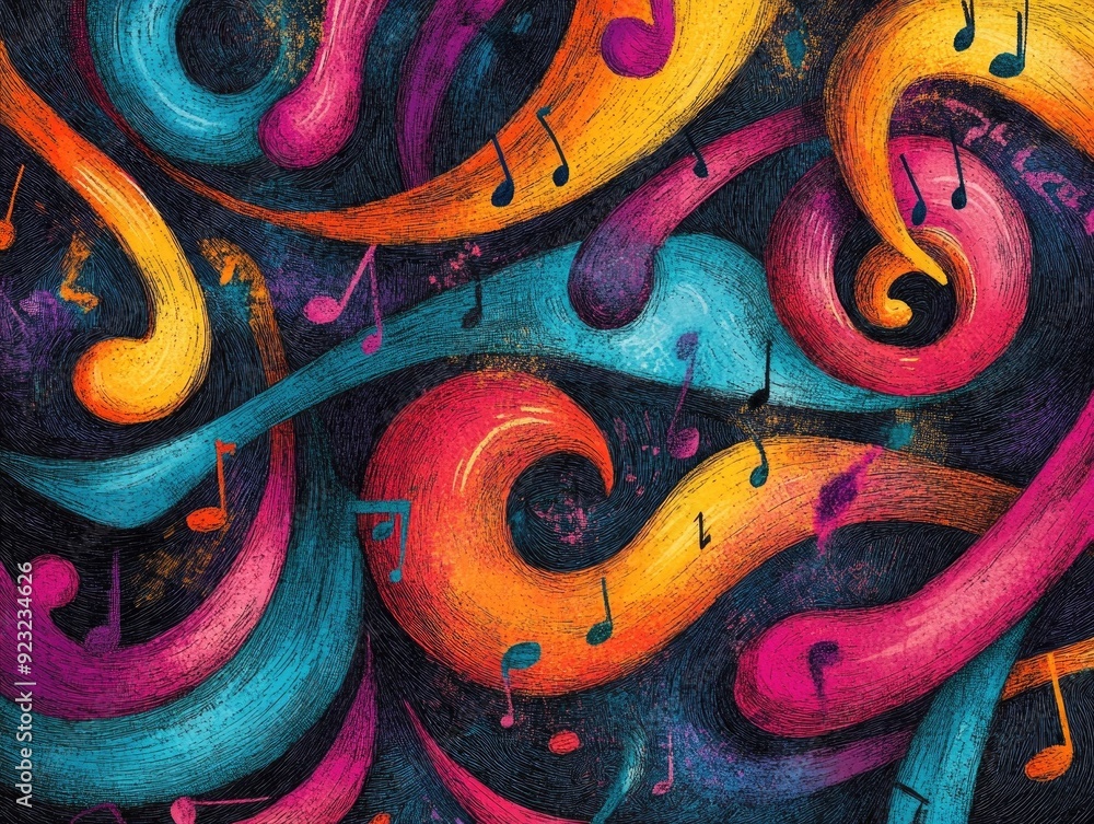 Poster doodle style musical notes with flowing hand drawn lines creating a rhythmic and lively composition 