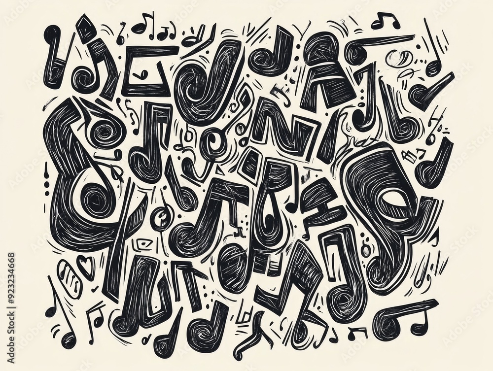 Poster doodle style musical notes with flowing rhythmic lines and a design hand drawn elements create a sty