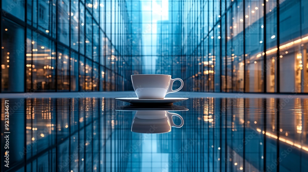 Poster an urban cafe scene with a sleek table and a coffee cup the large windows offer a panoramic view of 
