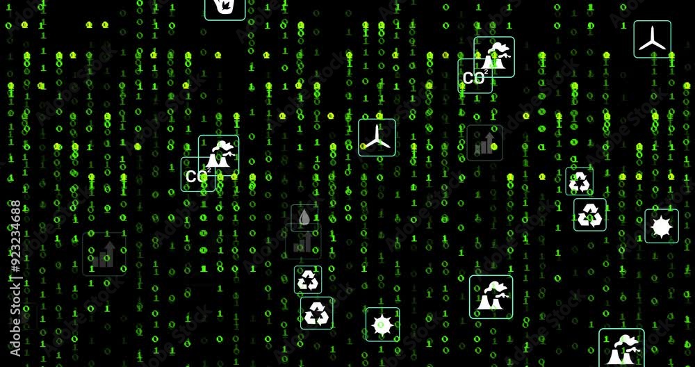 Poster green binary code and environmental icons animation over black background