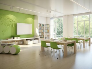Modern classroom with green wall, large windows and a bookshelf.