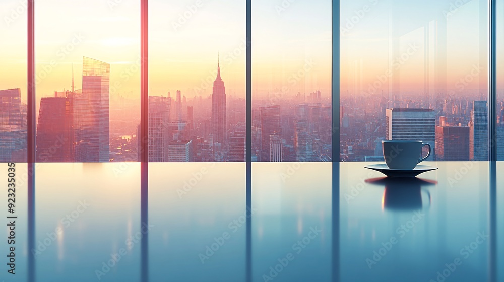 Poster a stylish urban cafe with a coffee cup resting on a sleek table the large windows showcase a vibrant