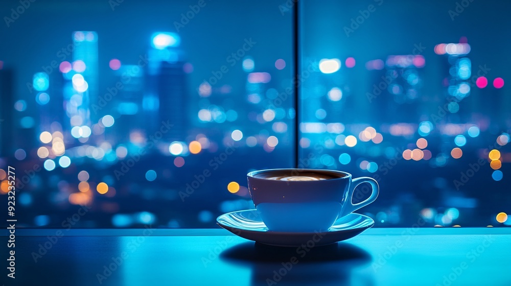 Poster An urban cafe setting with a view of the city through large windows A coffee cup sits on a modern table as the cityscape in cool tones of blue and gray creates a dynamic backdrop to the warm colors