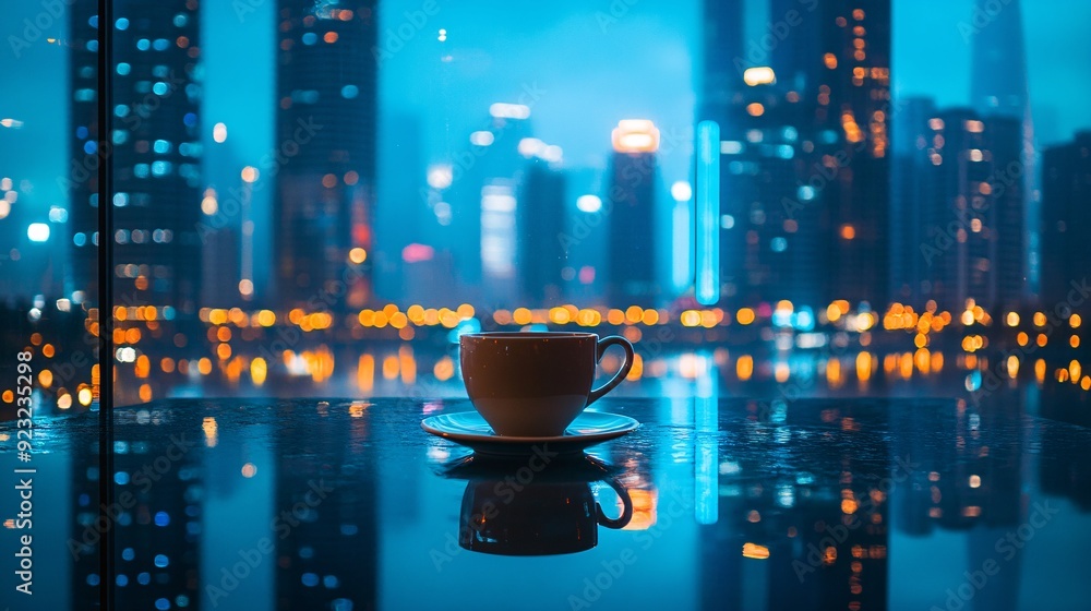 Poster An urban cafe setting with a view of the city through large windows A coffee cup sits on a modern table as the cityscape in cool tones of blue and gray creates a dynamic backdrop to the warm colors