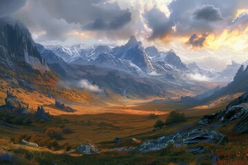 Dramatic Mountain Range with Golden Valley at Sunset