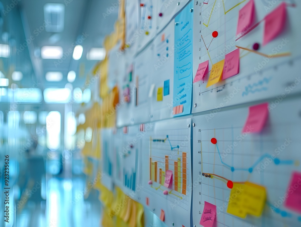 Poster detailed project charts and notes displayed on a wall in a modern office environment during daytime