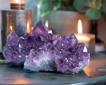 Purple smoke surrounds sparkling amethyst clusters creating dreamy ambiance