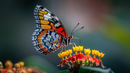 Fototapeta premium Close up of a vibrant butterfly perched on a flower, ultra-sharp and clear photograph