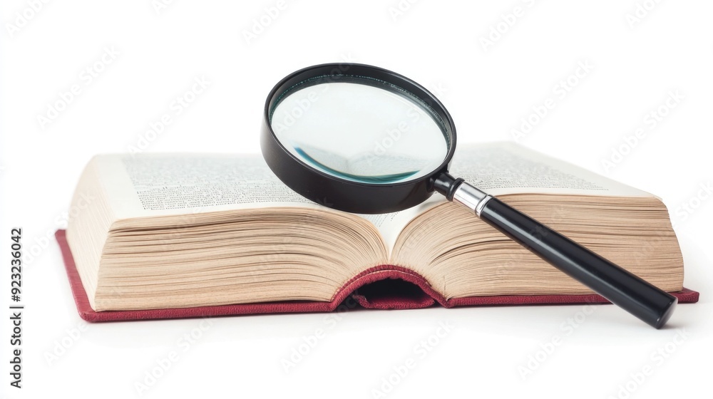 Poster 3d rendered educational magnifying glass icon hovering over an open book on a clean white background