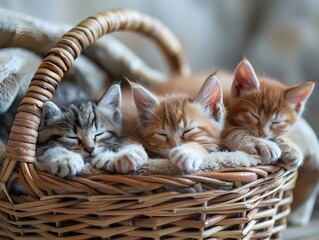 Three adorable kittens sleeping peacefully in a wicker basket in a cozy indoor setting
