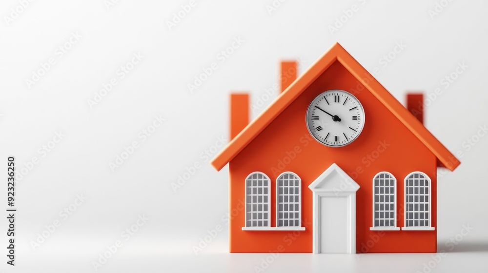 Poster detailed 3d rendering of an education icon depicting a school building with a clock on a clean white