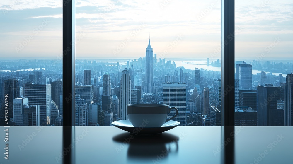 Poster an urban cafe setting with a coffee cup on a modern table the large windows provide a sweeping view 