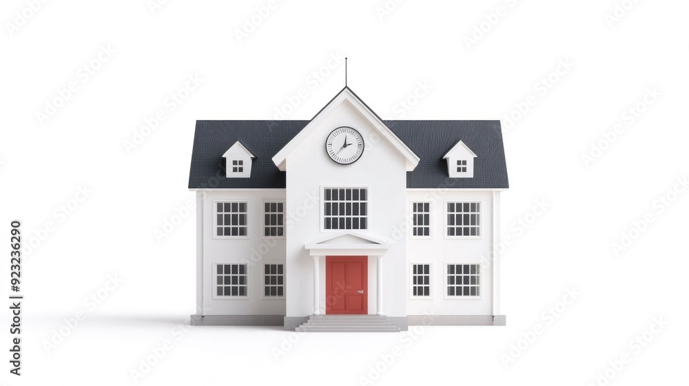 Poster 3d of an education icon depicting a school building with a clock on a pristine white background symb