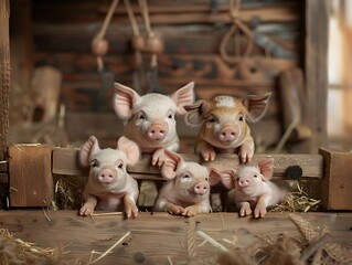 Five playful piglets gathered in a rustic barn filled with hay