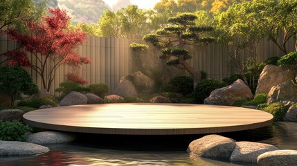 Fototapeta premium Zen stone garden backdrop stage podium for natural products showcase advertising montage background.