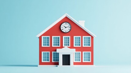 Stylized 3D education icon featuring a clean modern school building with a clock on a white background  This graphic represents learning academia and the concept of education in a minimalist