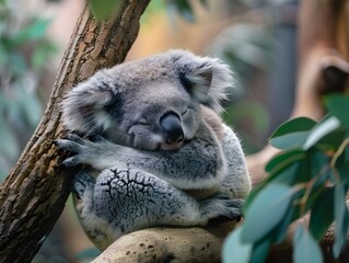 Fototapeta premium A koala sleeps peacefully on a tree branch surrounded by green leaves during the day in a natural habitat