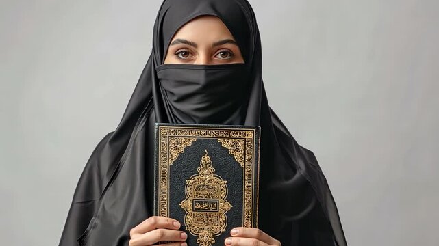 Isolated on white, a joyful Saudi Muslim woman wearing a black chador and holding a copy of the Holy Quran.