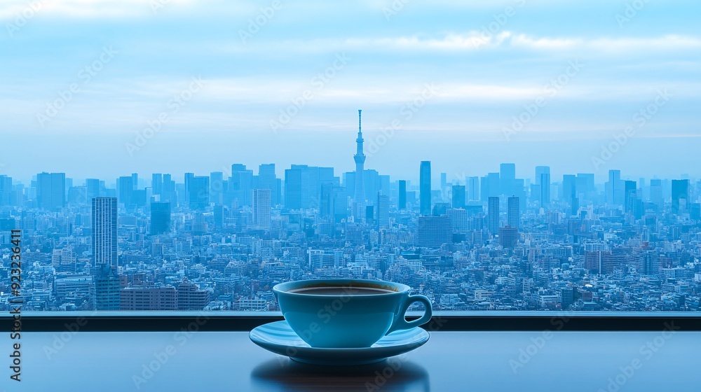 Aufkleber a contemporary urban cafe with a coffee cup on a sleek table the large windows offer a view of the c